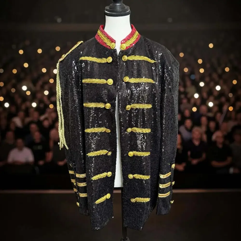 Harmonia NY Mens Black Sequined Military Parade Stage Performance Jacket with Go
